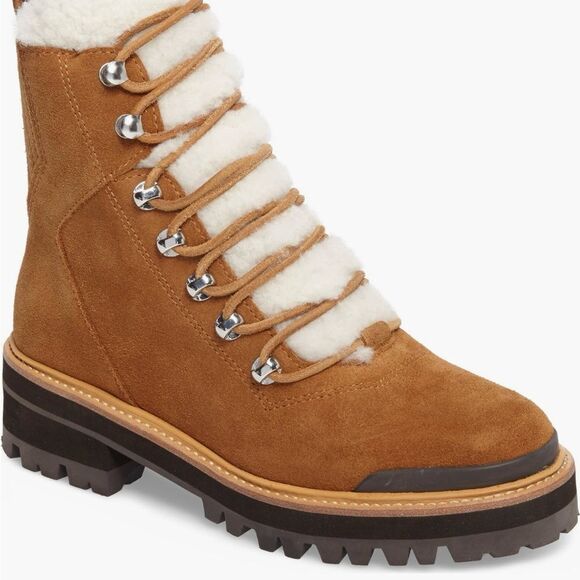 Marc Fisher LTD Izzie Genuine Shearling Lug Sole Boot Brown Suede Camel 7.5 NIB - Picture 1 of 12